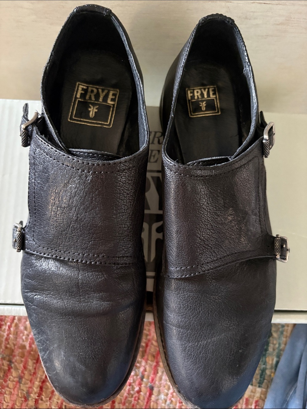 SZ 9.5 FRYE ETHAN DOUBLE MONK BLACK LEATHER LOAFER BUCKLE WITH BOX - Picture 2 of 7